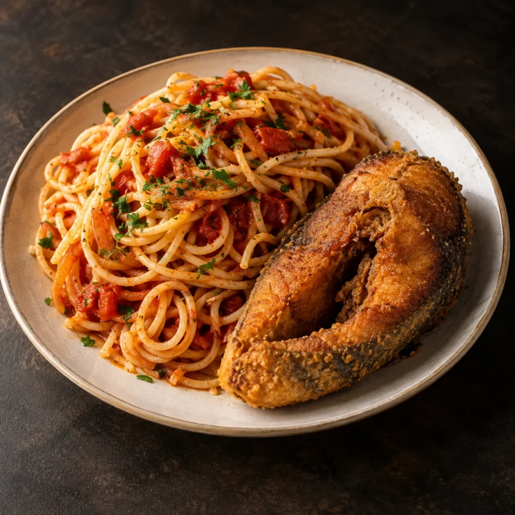Spaghetti with fried catfish