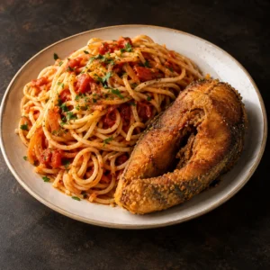 Spaghetti with fried catfish